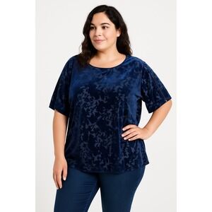 JM Collection Women's XXL Velvet Burnout Top Intrepid Blue Short Sleeve Blouse